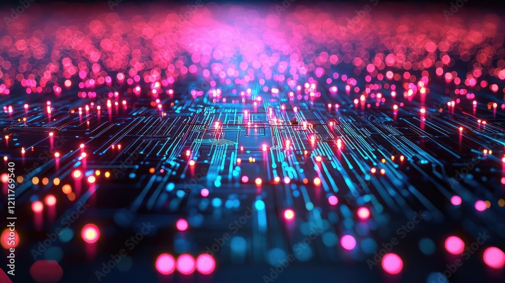 Poster machine learning ai concept. a close-up of a colorful digital circuit board with glowing lights and 