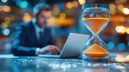 Businessman working, hourglass, deadline, office, night, urgency, laptop, time