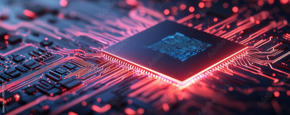 Poster machine learning ai concept. close-up view of a glowing microchip on a circuit board, showcasing adv