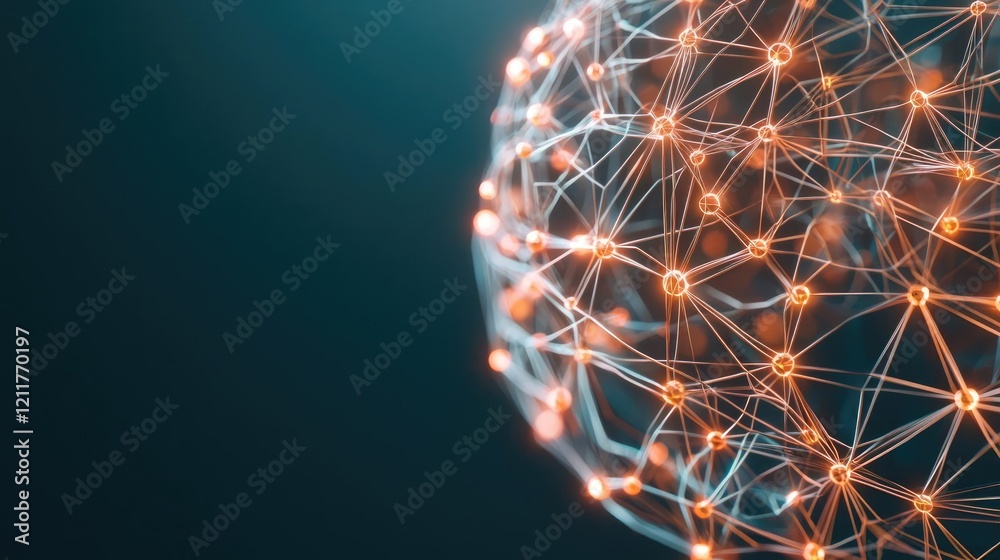 Poster machine learning ai concept. abstract network connections forming a sphere with glowing nodes on a d