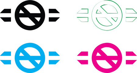Icon set, no smoking symbol, circular design, stylized hand holding cigarette, crossed out symbol, black and white version, blue version, green version, pink version, minimalist graphics, vector illus