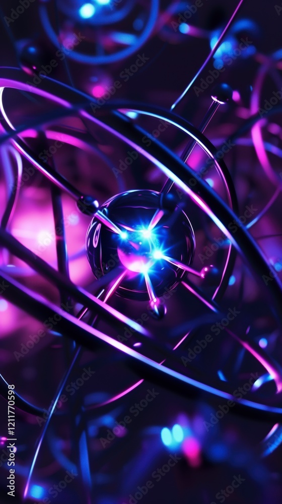 Poster a close up of a purple and blue sphere with a light shining on it. the sphere is surrounded by a ser