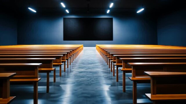 A modern lecture hall with wooden benches and a large screen for presentations.
