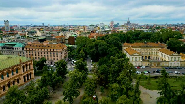 4K Aerial Drone Video of the Galleria d'Arte Moderna and Indro Montanelli Garden Park in Downtown Milan, Italy on a Summer Day