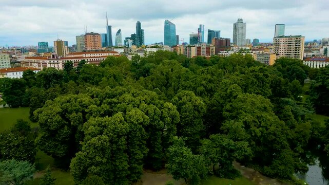 4K Aerial Drone Video of Indro Montanelli Garden Park in Downtown Milan, Italy on a Summer Day