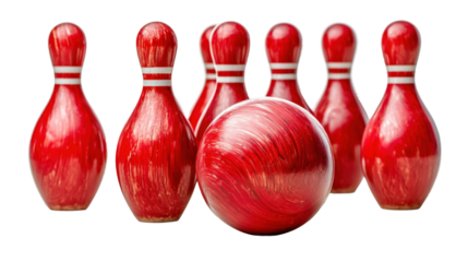 Colorful bowling alley scene with red pins and a bowling ball in motion isolated on transparent background