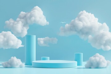 3d podium on blue background with clouds, product presentation scene in dreamy atmosphere 