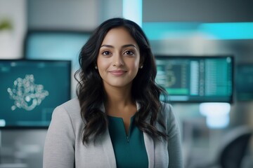Fototapeta premium Confident businesswoman in tech office.