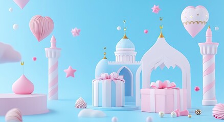 3D rendering Ramadan Kareem banner background with podium, gift box, and mosque on a pastel blue color background for Islamic celebration 