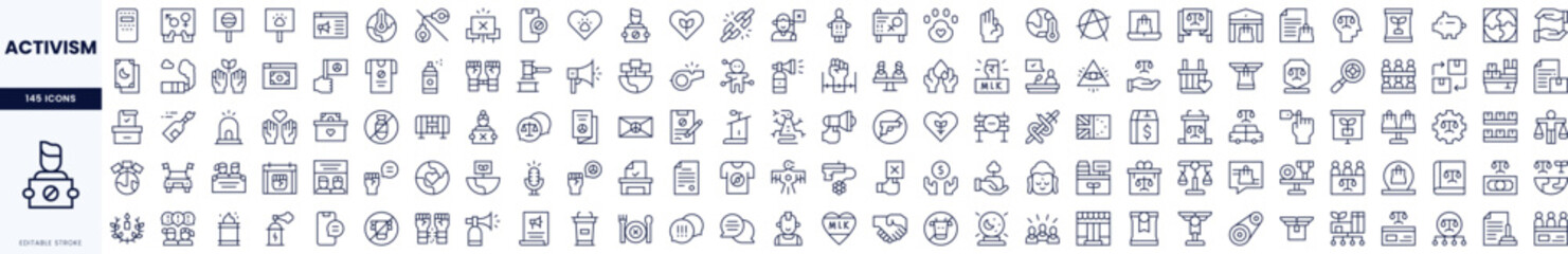 A collection of minimalist icons representing various activism themes, including social justice, environmental protection, and community engagement.