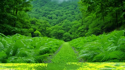 Obraz premium Lush Green Forest Pathway Surrounded by Vibrant Ferns and Trees