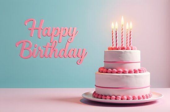birthday banner Happy Birthday script text  copy space cake with candles on pastel background 