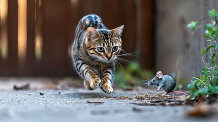 Cat chasing mouse: Thrilling wildlife moment. A captivating image of a domestic cat in hot pursuit of a mouse, showcasing the raw power of nature's predator-prey dynamic.