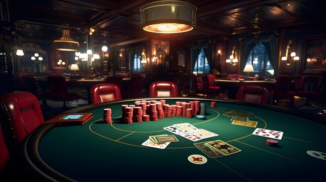 Casino gaming table filled with stacks of poker chips and playing cards in a dimly lit establishment