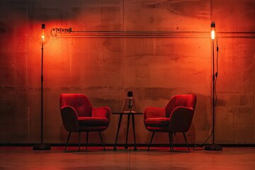 Detailed Visual  of Two Chairs and Microphones in Podcast