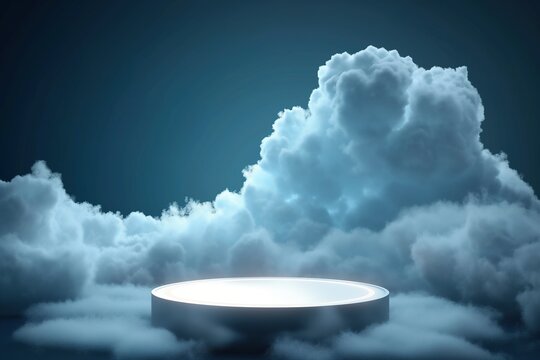 futuristic podium in the clouds on dark blue background, space for product presentation, vector illustration design template with round platform pedestal. Clouds around.