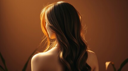 back view, long wavy brown hair, bare shoulders, warm golden light, soft focus, intimate portrait, sensual, atmospheric lighting, glowing skin, moody, chiaroscuro, painterly, cinematic, ethereal