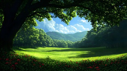 Serene Landscape with Lush Green Trees and Bright Blue Sky
