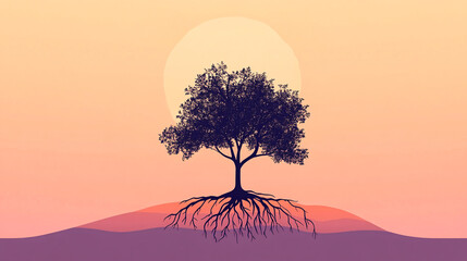 a minimalist illustration of a tree with exposed roots silhouetted against a warm gradient background at sunrise	