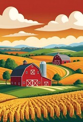 Red Barns Golden Fields Rolling Hills Farmland Scene