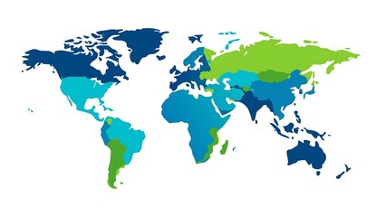 Fototapeta premium A colorful world map featuring various shades of blue and green