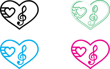 Heart-shaped musical symbols, treble clef inside heart, monochrome line art, vibrant colors, black pink blue green variations, simple iconic design, music lover concept, romantic melody, vector graphi