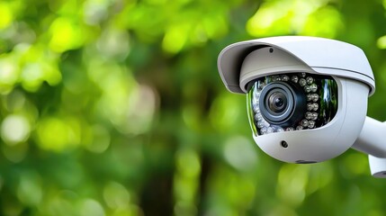Security camera outdoors, green foliage background, surveillance, safety