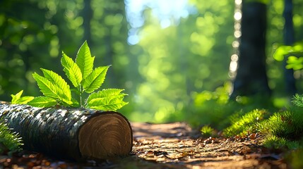 Obraz premium Green Leaves Growing on a Stump in a Bright Forest Pathway