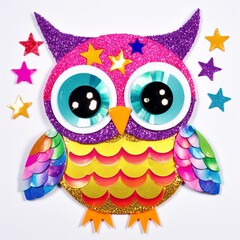 Colorful Owl children's DIY Artwork with Rainbow Scales and Glittery Bright Stars on white