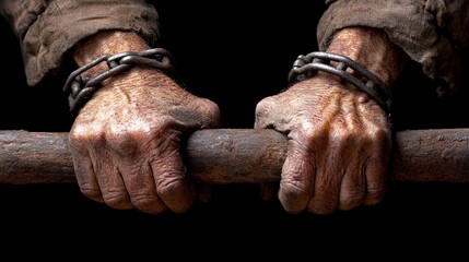 Obraz premium Chained hands, gripping bar, dark background, slavery concept