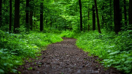 Serene Forest Pathway Surrounded by Lush Green Foliage and Trees