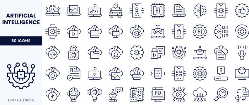 A collection of 50 editable line icons representing various aspects of artificial intelligence, showcasing different technologies and concepts involved in AI.