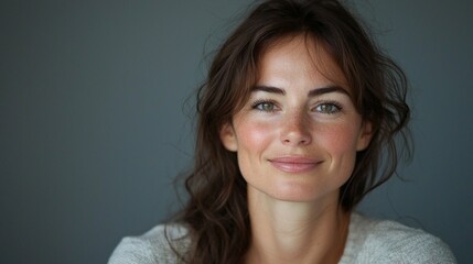 Naklejka premium In a close-up headshot, a woman with long, dark hair smiles genuinely, showcasing her bright eyes and soft features. The neutral background enhances her charming expression