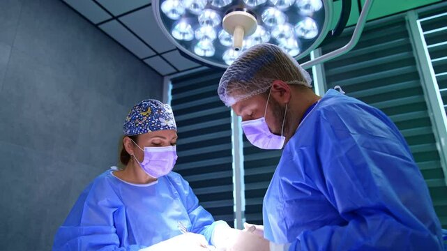 Two diverse medics cooperate at surgery on thyroid. Female surgeon gestures the move to the assistant and takes a metal tool.