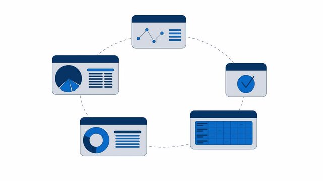 Interconnected circular business dashboard workflow 2D objects animation. Data integration, analysis cartoon 4K video, alpha channel. Information management animated flat items on white background