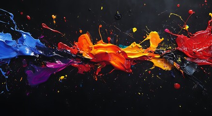 "Black Background with Splashes of Colorful Paint in the Center for Vibrant and Modern Designs"