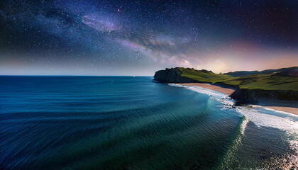 Beautiful landscape with night starry sky, calm sea and sandy beach. Rocky cliffs.