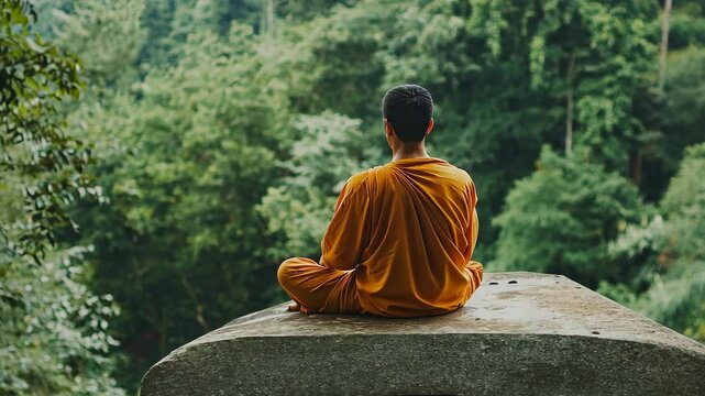 Meditation practice of a monk in the serene forest during early morning moments of tranquility