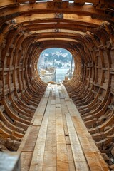 Wooden boat hull under construction, harbor view.