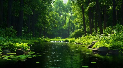 Obraz premium Lush Green Forest with Serene Water Reflection and Tranquil Atmosphere