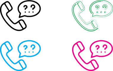 Minimalist phone icon, question mark speech bubble, colorful outlines, simple graphic design, flat illustration style, communication concept, inquiry symbol, customer service icon, multicolor variatio