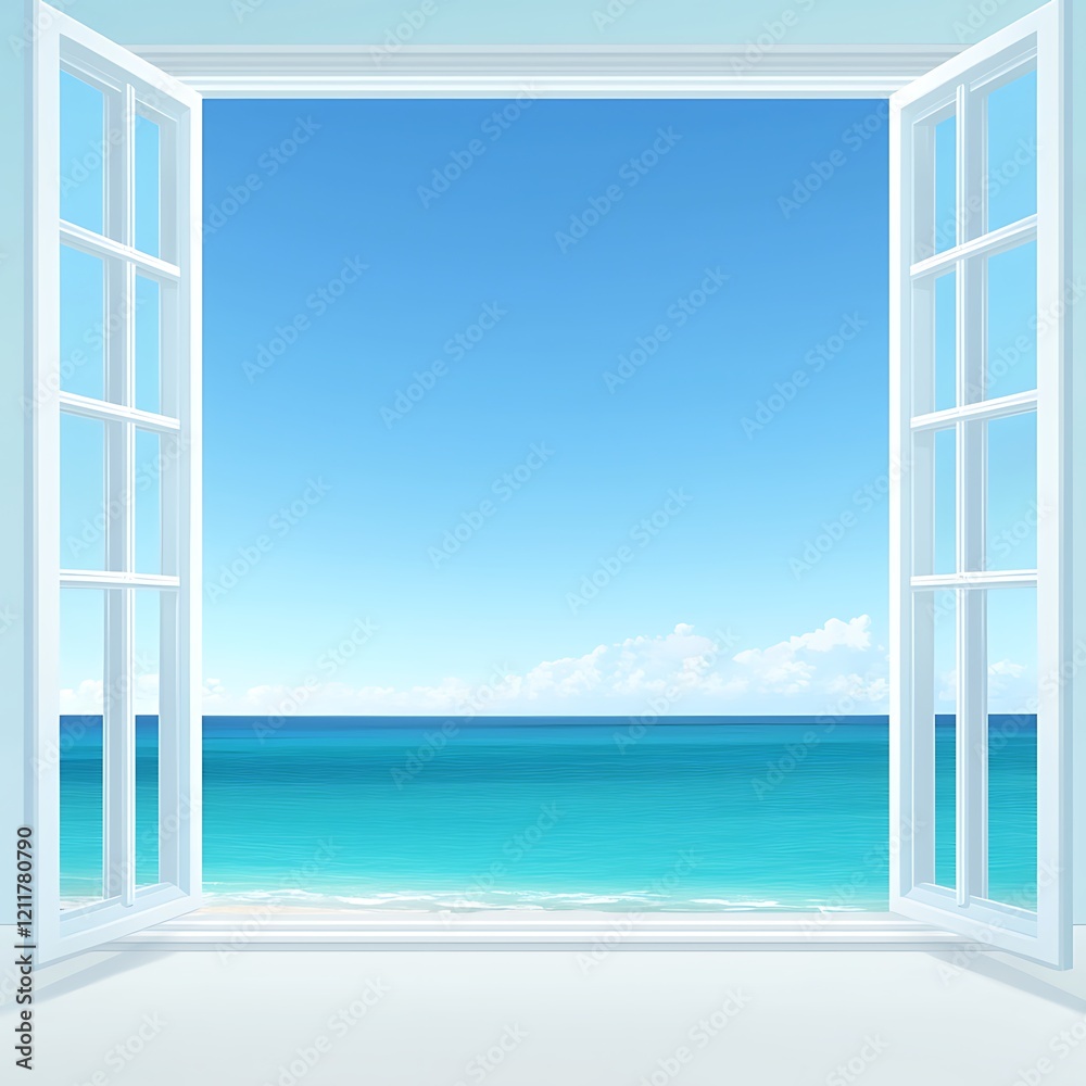 Wall mural serene ocean view through open white window