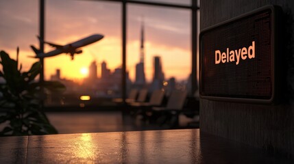 A sunset view from an airport terminal featuring a "Delayed" sign and an airplane in the background.