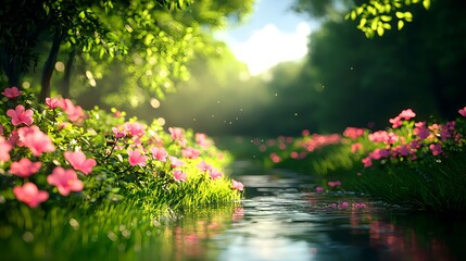 Serene Nature Scene with Flowing Stream and Beautiful Pink Flowers
