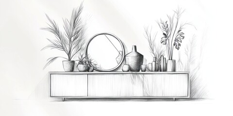 Sketch of a modern console table with plants and decor