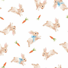 Baby rabbit pattern in beige adorned with carrots and ribbon bows. This cute spring and Easter bunny surface design features adorable watercolor hand-drawn rabbits.