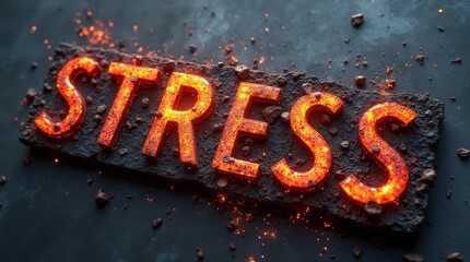 Stress word made of glowing lava surrounded by burnt debris and ashes on dark surface, symbolizing pressure and tension