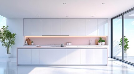 Fototapeta premium A clean minimalist kitchen with sleek white cabinets, neutral countertops, and pastel accents creating an elegant and serene ambiance