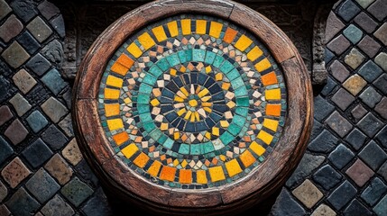 Obraz premium Circular mosaic tile art, wall detail, historic building, textured background, design element