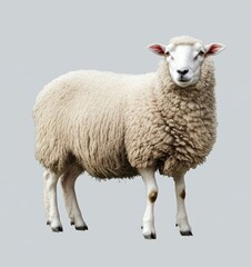 Obraz premium A full-body photograph of an isolated sheep on a light grey background, ultra-realistic photography with copy-space. 